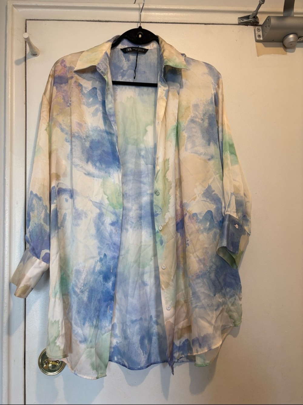Zara Pastel Watercolor Button-Down Shirt in Blue, Green, Cream